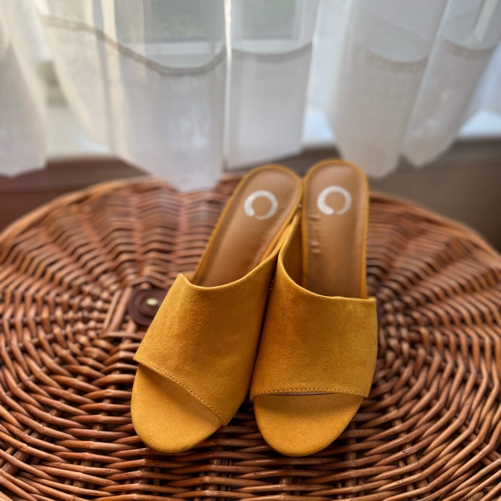 Yellow suede comfy slides